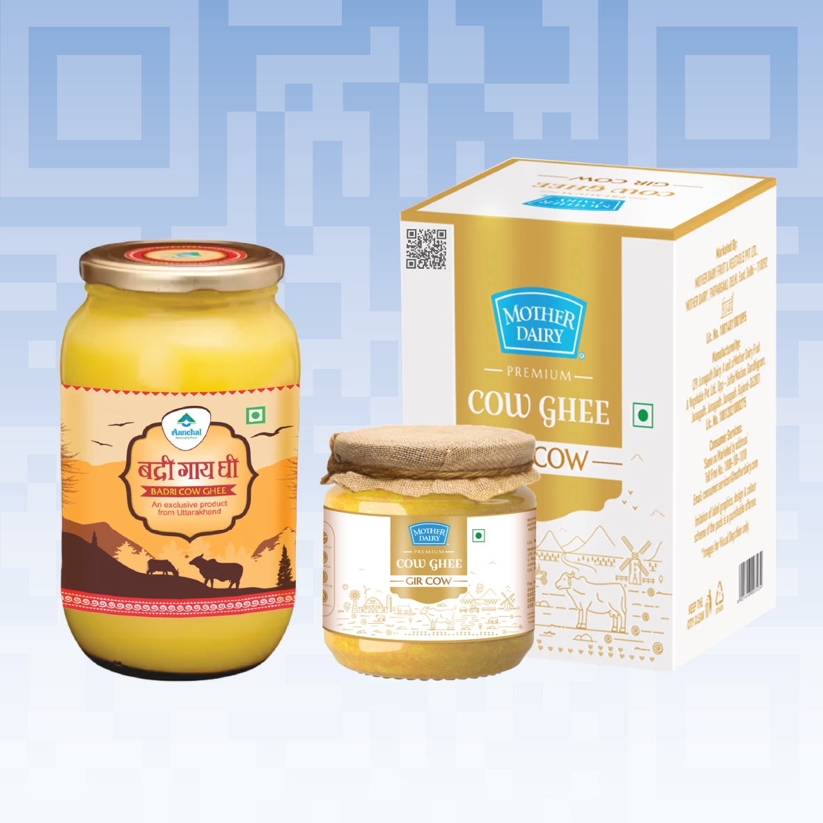 Three cow-ghee products—a 1L Badri Cow Ghee glass jar with Uttarakhand mountain-scene label, a Mother Dairy Premium Gir Cow Ghee jar topped with rustic burlap, and a Mother Dairy Premium Cow Ghee retail box featuring a GS1 Digital Link QR code—with a QR Code powered by GS1 to enable traceability and end-to-end visibility in India’s dairy supply chain.
